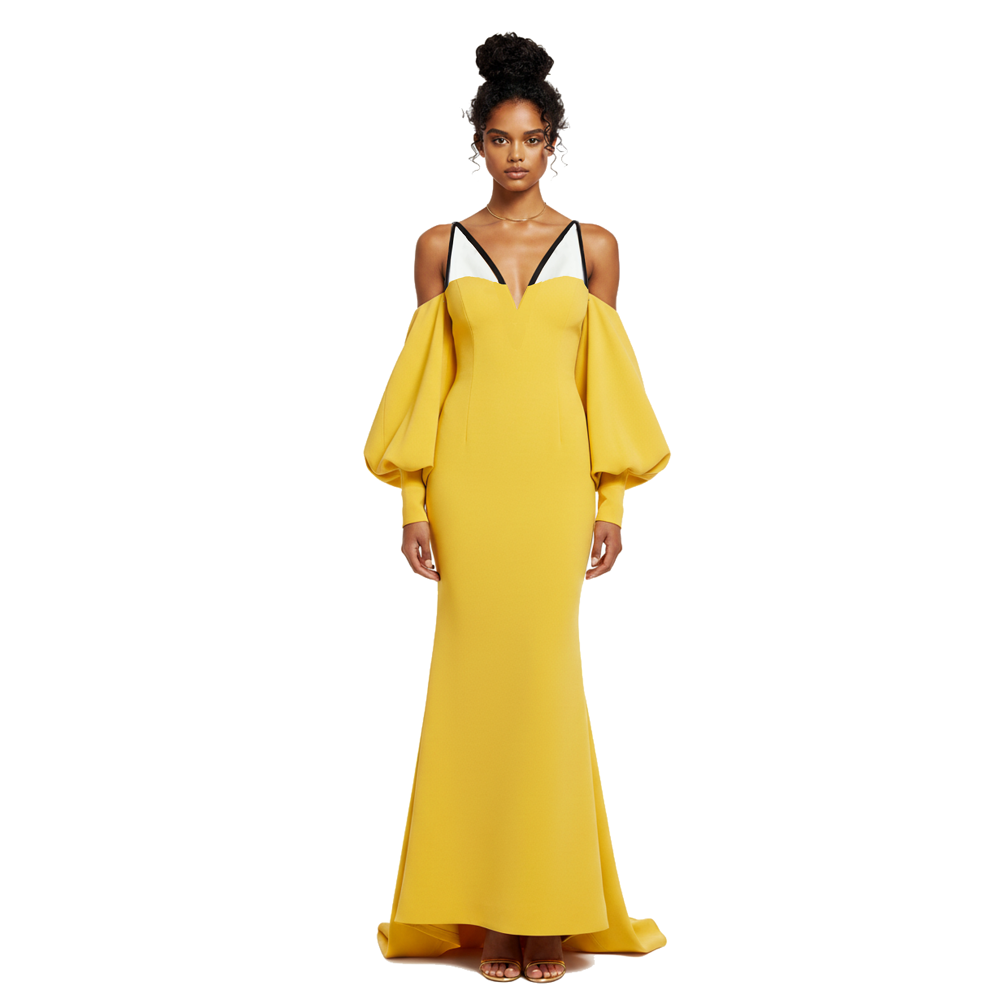 Woman wearing a yellow evening gown with a white background