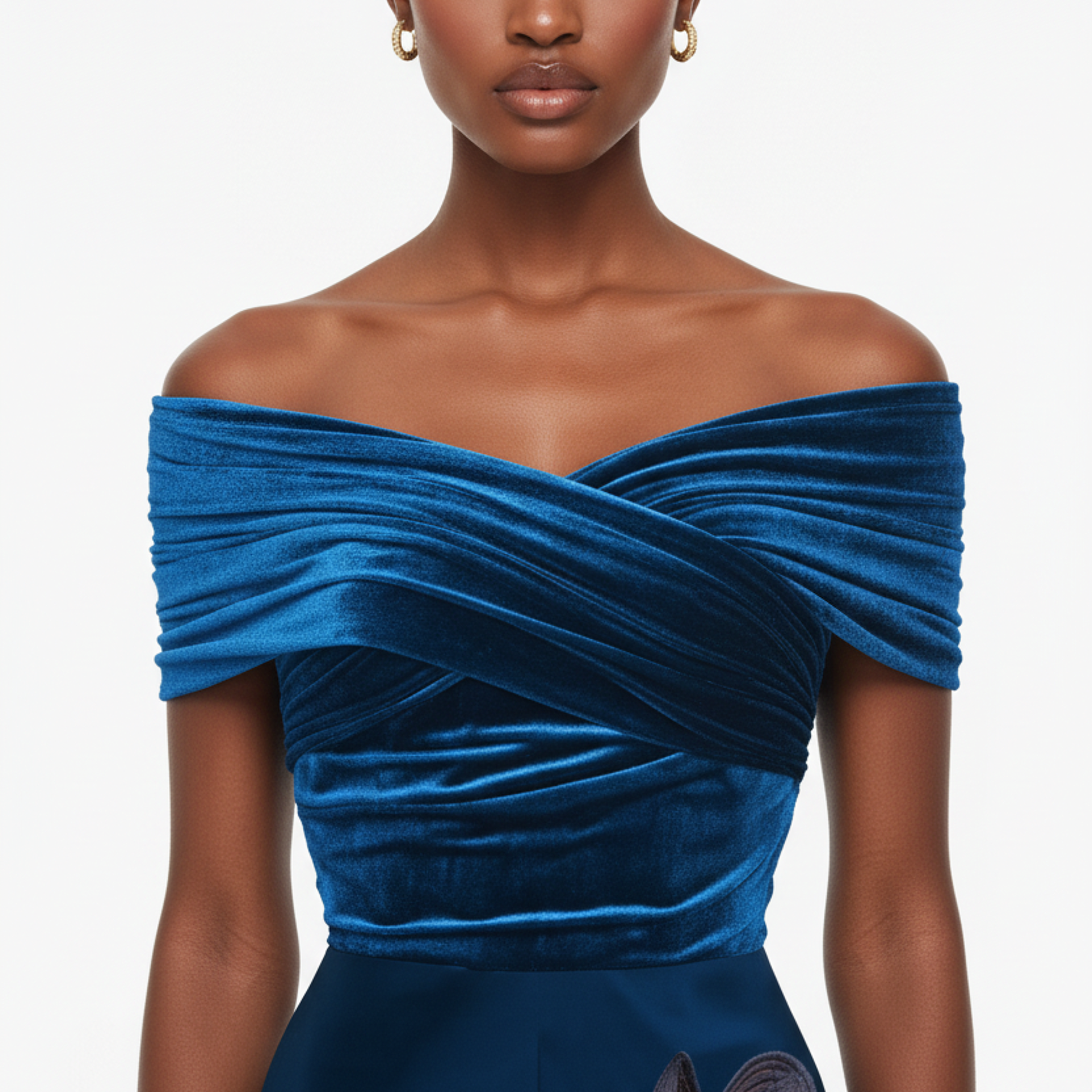 Blue off-shoulder dress worn by a model on a white background